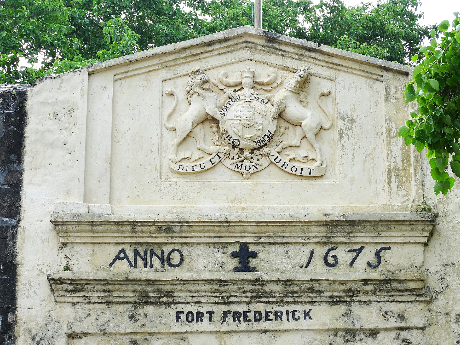 The 1675 gateway of Fort Frederick, carved with a royal coat of arms